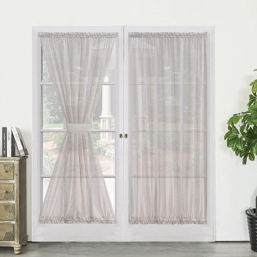 Demetex Semi Sheer Door Panels 72 inch Length Linen French Door Curtain Panels for Front Door with Tiebacks, Set of 2, 54 x 72, Beige