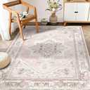 BESTSWEETIE 6x9 Area Rugs for Living Room Washable Non Slip Carpet Low Pile Soft Vintage Print Pattern Rug for Bedroom Dining Room Kitchen Entryway Indoor-Light Pink (Light Coral Pink/Orange/Brown)