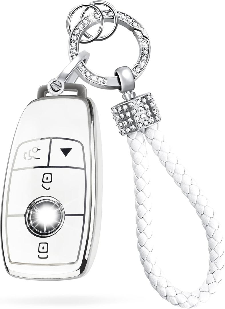 for Mercedes Key Fob Cover with Diamond Keychain,Fit for Benz A-Class C-Class G-Class 2017-2020 E-Class S-Class 3 4 Button Smart Remote