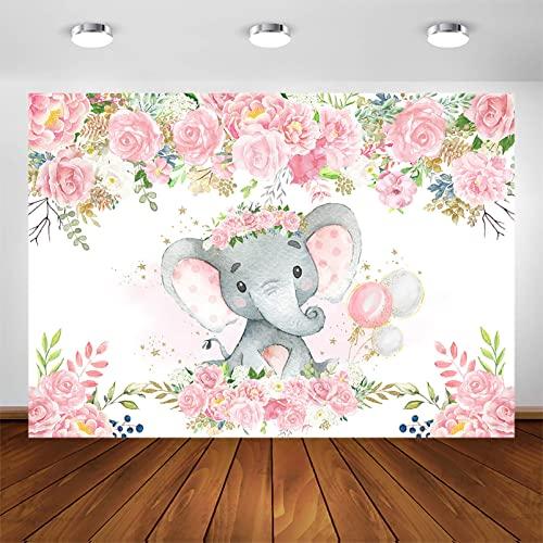 Avezano Baby Elephant Backdrop for Girl Baby Shower Blush Pink Floral Elephant Baby Shower Decorations for Girl's Photography Background Photoshoot Favors Supplies (7x5ft)