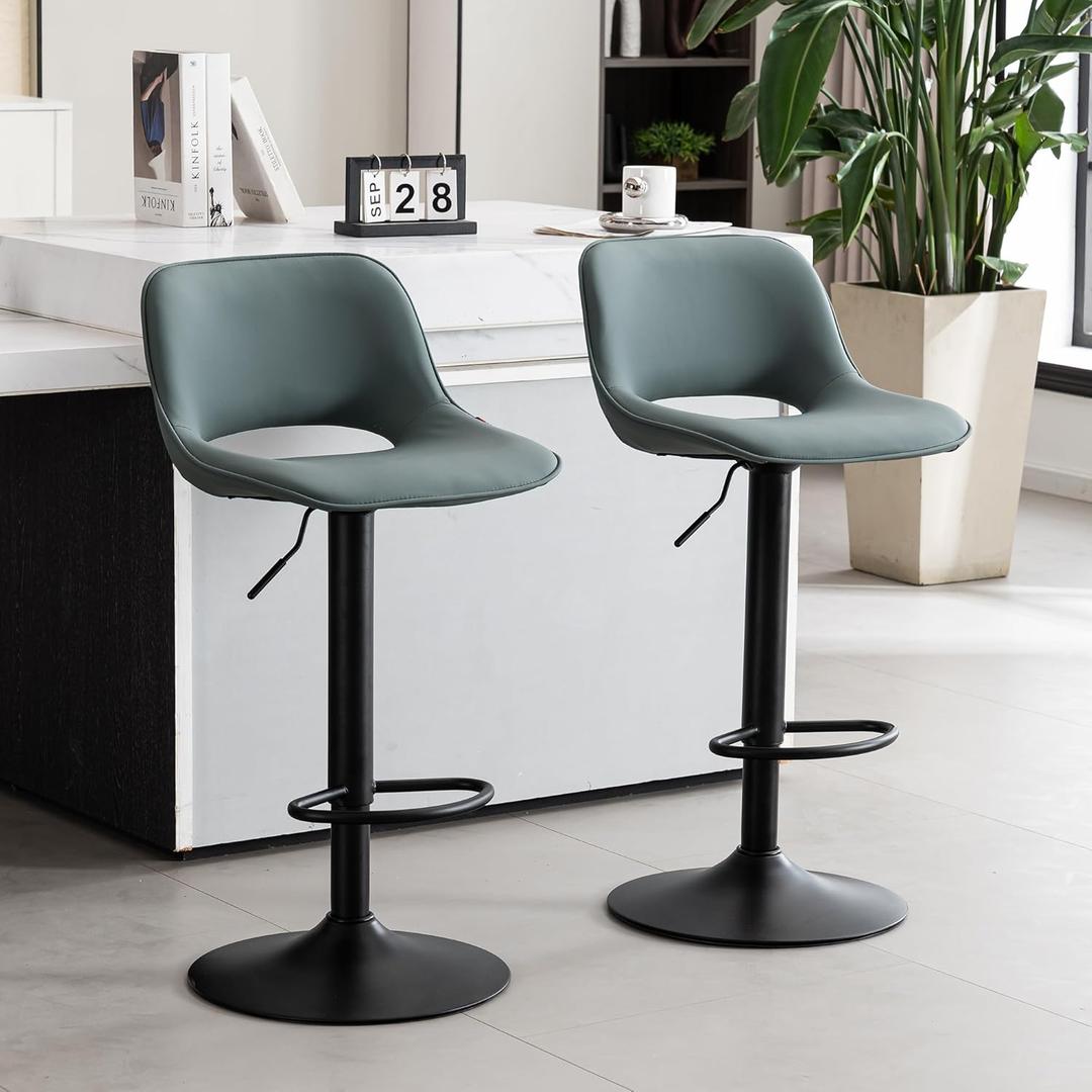 YOUNIKE Bar Stools Set of 2 Modern Swivel Barstools, Adjustable Counter Height Bar Stools Faux Leather Upholstered Counter Stools with Hollow Back for Kitchen Island, Greyish Green, Large