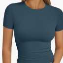 Trendy Queen Womens Short Sleeve T Shirts Summer Crop Tops Basic Slim Fit Gym Workout Y2k Clothes Medium Teal