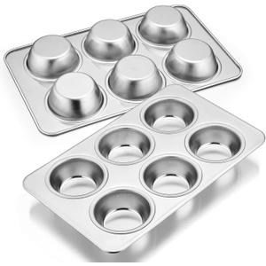 E-far Muffin Pan Set of 2, Stainless Steel Muffin Pan Tin for Baking, 6-Cup Metal Cupcake Pan Tray, Non-toxic & Healthy, Oven & Dishwasher Safe, Regular Size - 11.44 x 7.12 x 1.25 Inch