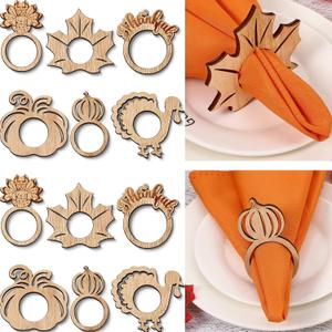 Remerry 30 Pcs Thanksgiving Napkin Rings Wooden Pumpkin Napkin Holders Turkey Fall Maple Leaf Napkin Ring for Autumn Thanksgiving Party Supplies Holiday Thankful Dinner Table Centerpiece Decorations