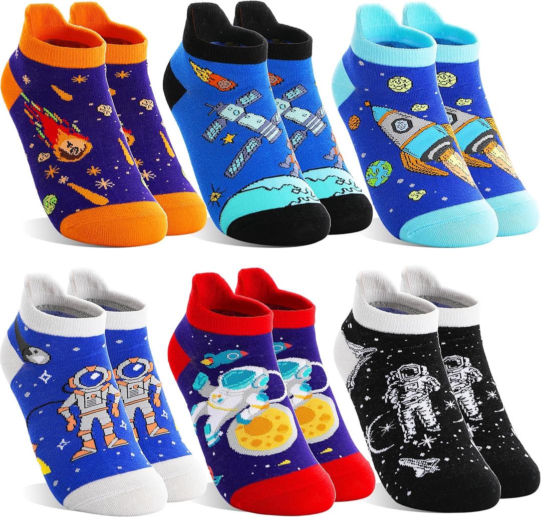 MOGGEI Kids Boys Ankle Socks Low Cut No Show Funny Cartoon Fun Cute Novelty Cotton Socks 6 Pairs (1-3T, Space)
