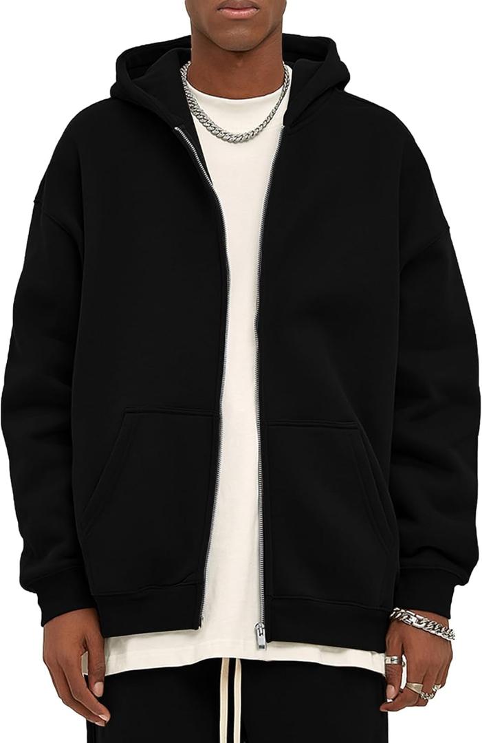 Flygo Mens Zip Up Hoodies Oversized Fleece Long Sleeve Drop Shoulder Hooded Sweatshirt Trendy Vintage Streetwear (X-Large, Black)