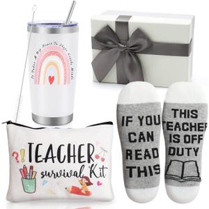 Best Teacher Appreciation Gifts,20 OZ Insulated Tumbler for Women Teacher,Unique Gift Ideas from Students - Funny Socks Thank You Basket Box for New Teachers,Christmas Gifts for Teachers (White)
