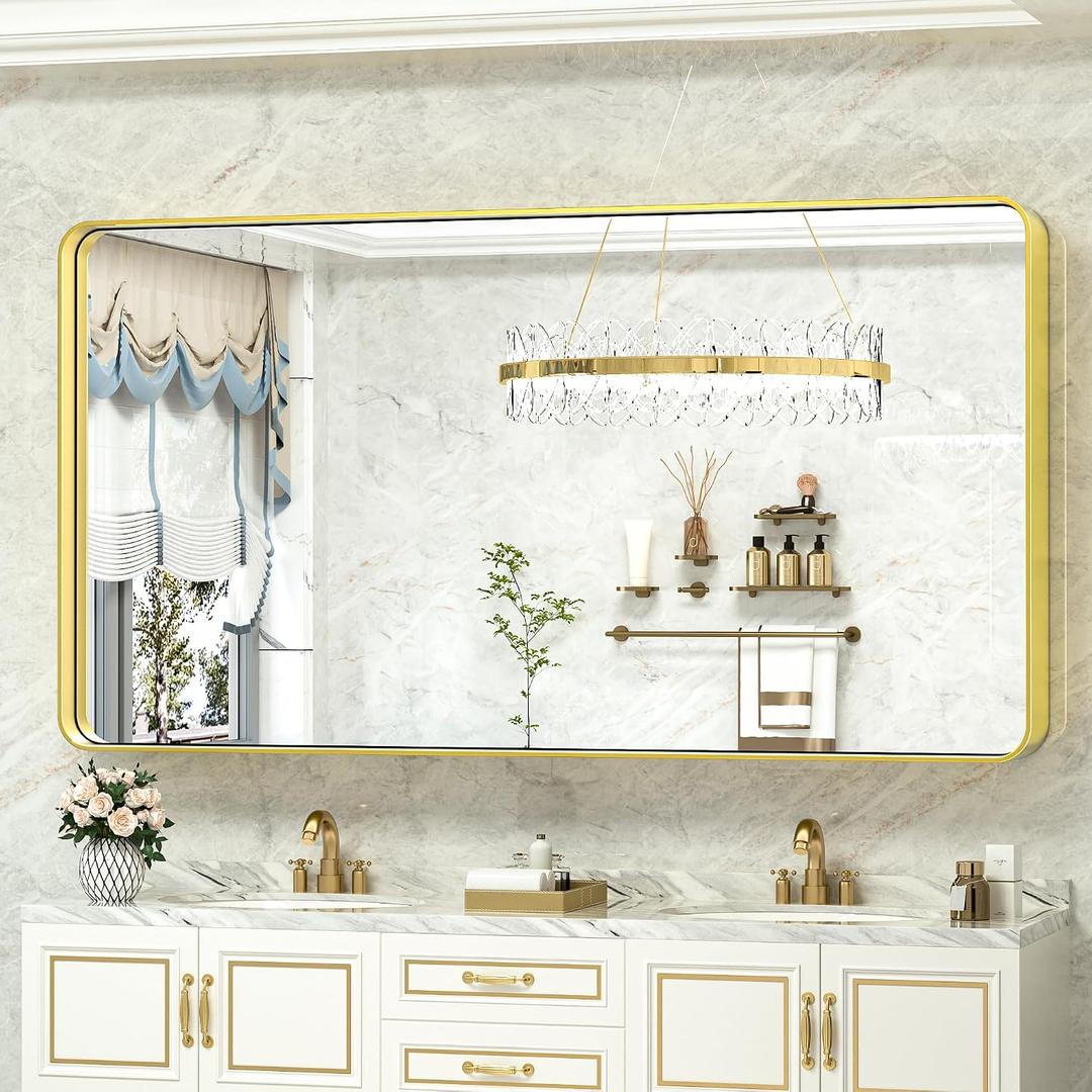 TokeShimi 60 x 28 Inch Brushed Gold Bathroom Vanity Mirror for Wall with Non-Rusting Aluminum Alloy Matte Metal Frame for Modern Farmhouse Home Decor (Horizontal/Vertical)