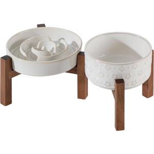 Ceramic 1.2 Cup Raised Slow Feeder Dog Bowl Set, Elevated 6.1inch Bowl and 7.3inch Dish with Acacia Wood Stand for Small and Medium Dog(2 x Reactived Glaze -White+ Stand)