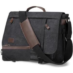 17.3 Inch Messenger Bag for Men: 2PCS Laptop Bag PU Leather Canvas Work Briefcase Large Office (Black)