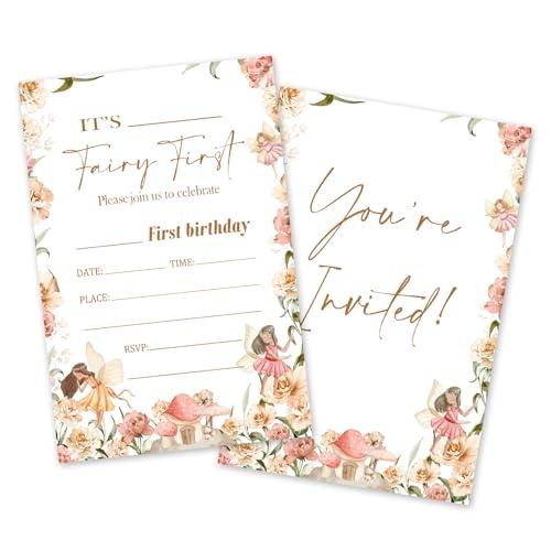 Fairy 1st Party Birthday Invitations, 25 Magical Garden Princess Party Invites Cards with Envelopes, Double-Sided Fillable, Birthday Invitations for Girls, Birthday Party Supplies (4 x 6 Inch) -A16