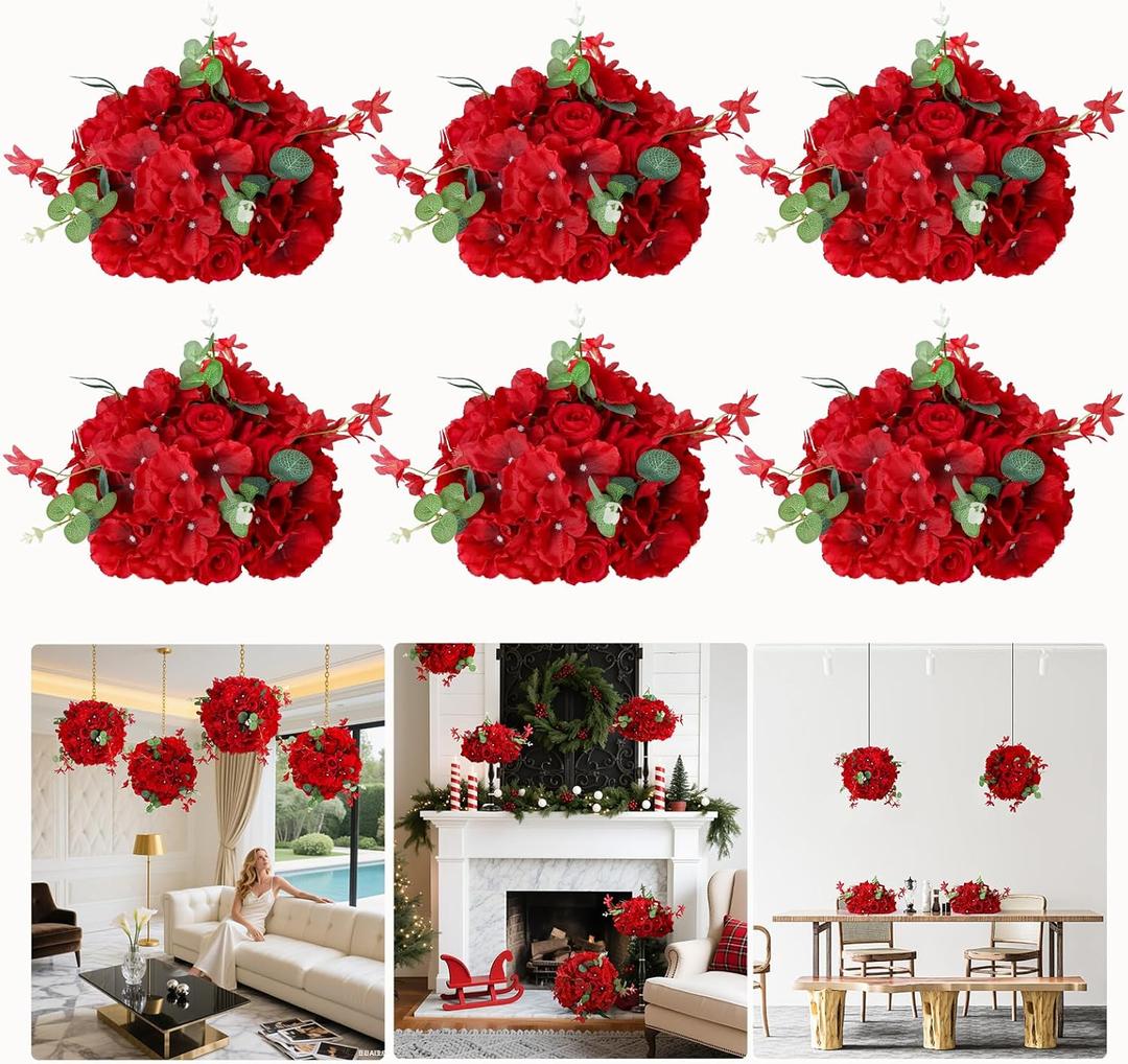 Wedding Centerpieces for Tables 6pcs Red Rose Ball Artificial Flower Arrangements 11" Silk Floral Half Balls for Party Home Valentine's Day Decoration