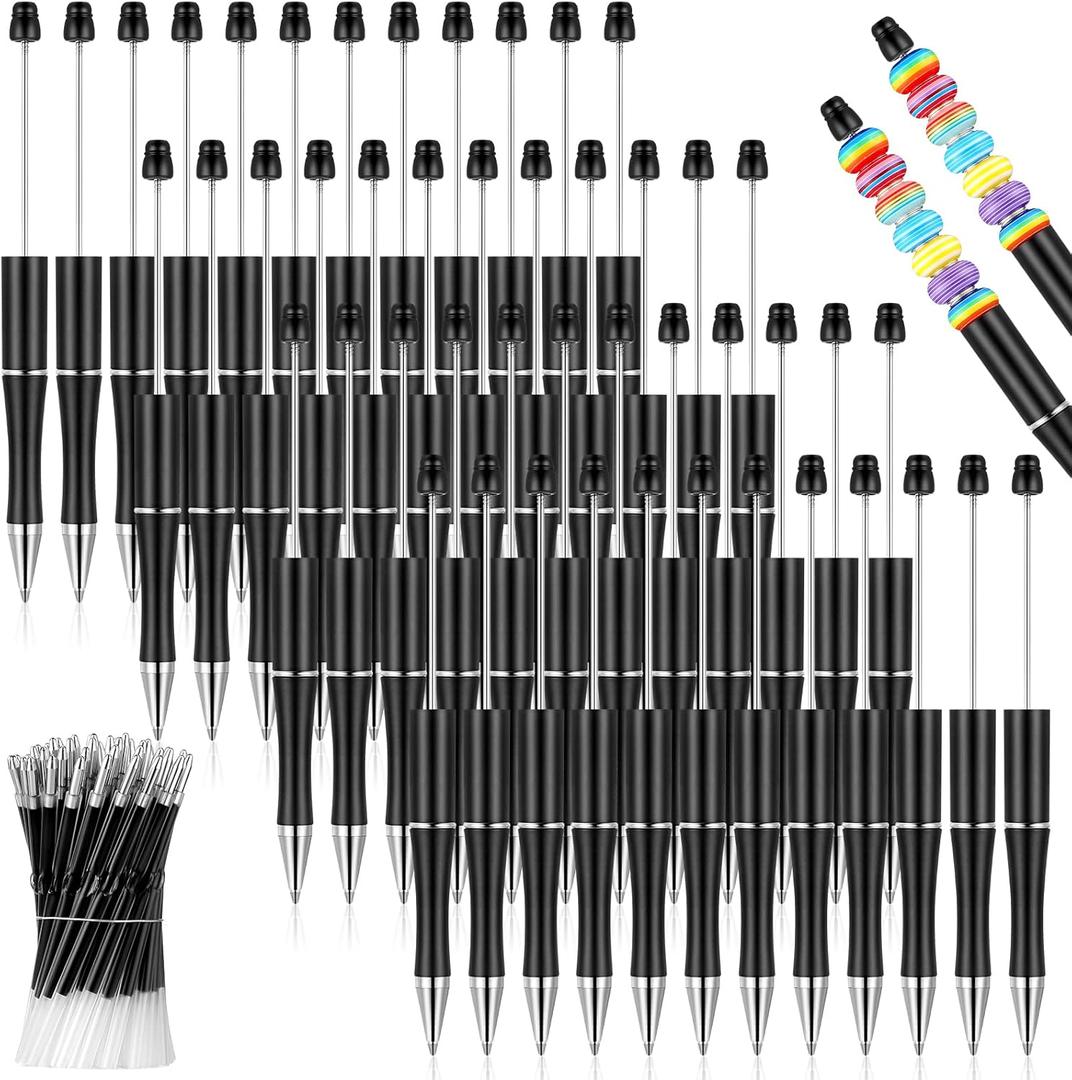 Crtiin 100 Pieces Plastic Beadable Pen Bulk Kit 50 Bead Ballpoint Shaft Black Ink Beaded Pens with 50 Refills for DIY Making Valentines Day Gift for Office(Black)