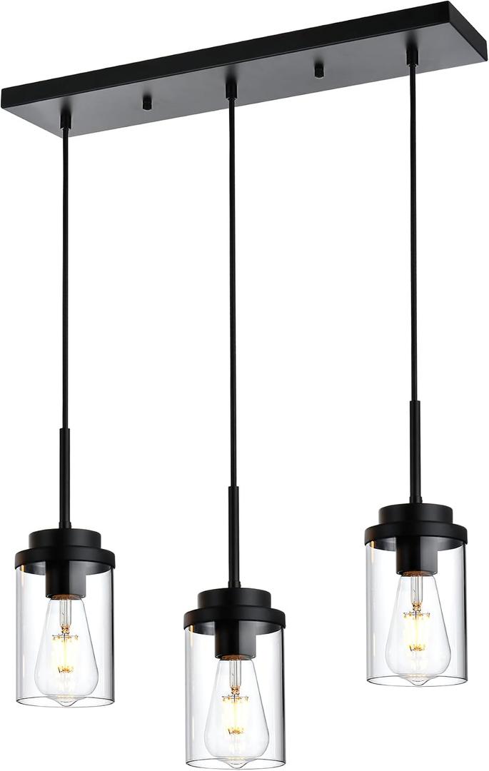 MELUCEE 3 Lights Linear Chandelier Black Finish Kitchen Pendant Lighting Over Island Dining Room Light Fixtures Ceiling Hanging Lamp with Clear Glass Shade, 20.5 Inches Length, 3 Lights-1 Pack Linear