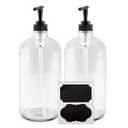 32oz Clear Glass Pump Bottles (2-Pack); Quart Size Soap Dispensers w/Black Plastic Lotion Locking Pumps