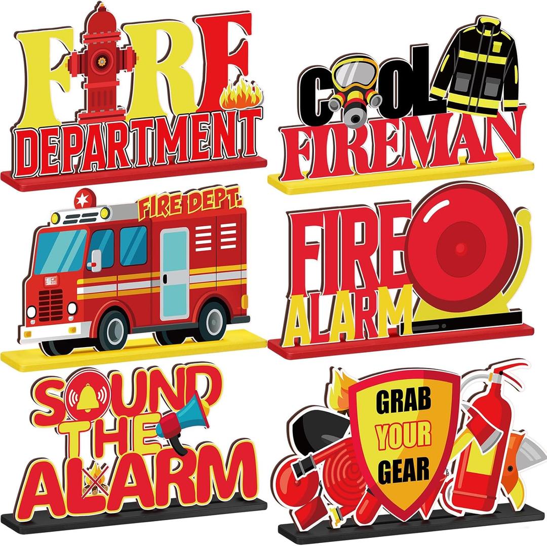 Amyhill 6 Pcs Firetruck Party Table Centerpieces Fire Truck Birthday Party Decorations Firetruck Wooden Table Sign Firefighter Fire Hat Extinguisher Fireman for Party Favors Supplies