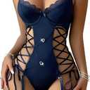 Lilosy Sexy Floral Lace Up Belt Garter Underwire Teddy Bodysuit Lingerie Set,large