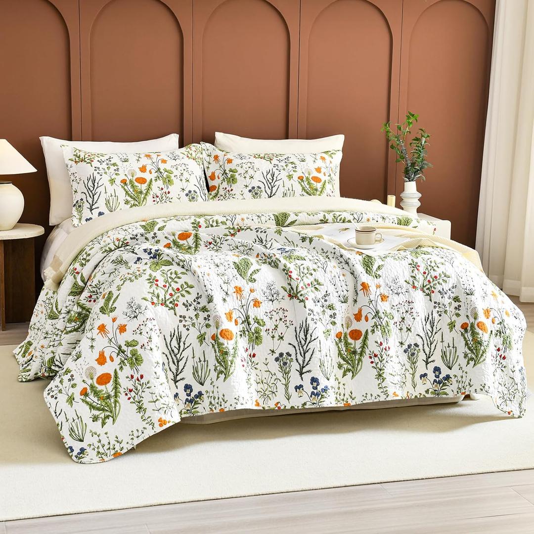 Sanracie Oversized King Quilt 128"x120",100% Cotton Floral Bedspreads California King Oversize Yellow Flowers Plant Pattern Printed Green Floral Bedding Coverlet Set for All Season Extra Large 3 Pcs