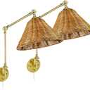 Gold Hand Woven Rattan Wall Sconces Adjustable Swing Arm Wall Mount Light Fixture Beside Lighting for Bedroom, Living Room (Bulbs NOT Included, 2 Pack