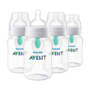 Philips Avent Anti-Colic Baby Bottle with AirFree Vent, Medium Flow, 9 oz | For Ages 1 Month+, Reduces Colic, Gas & Reflux, Flow 2 Nipple with Secure Latch System, BPA-Free, 4-Pack, Clear