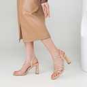 SLXCHBSL Strappy Heels for Women 3 Inch Chunky Block High Heels Square Open Toe Ankle Strap Dress Sandals for Wedding Prom Party Bridesmaid (Beige)