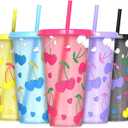 Color Changing Cups, Plastic Tumblers with Lids and Straws, Reusable Plastic Cups - BPA-Free, Sturdy & Food Safe, Perfect for Iced Coffee, Milkshakes & Smoothies, 5 Pack - Glitter Cherry