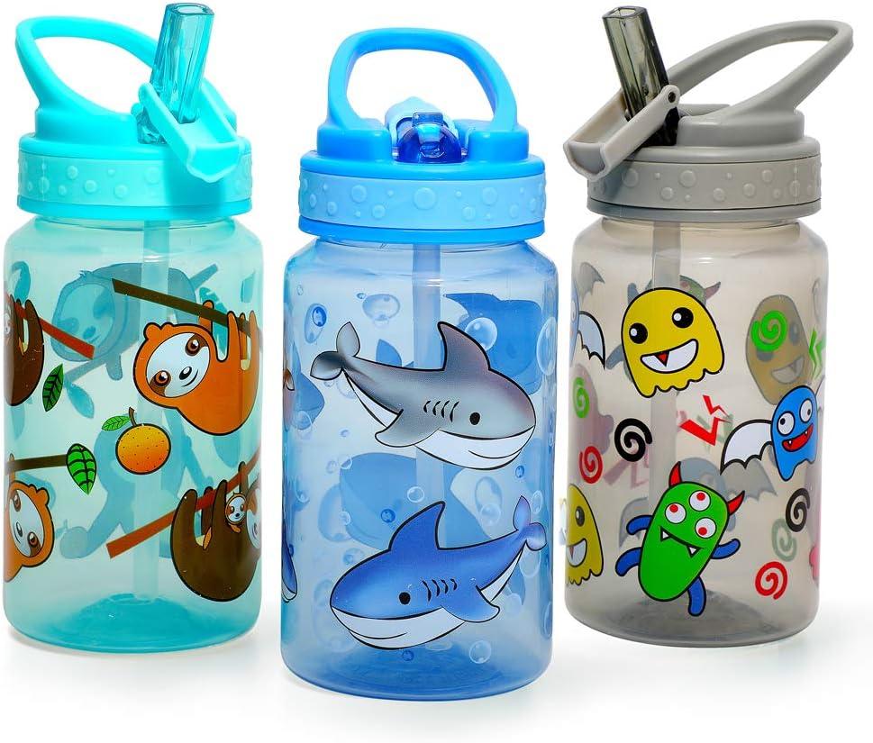 Home Tune 15oz Kids Water Drinking Bottle - BPA Free, Wide Mouth, Flip Straw Sip Lid, Easy Open, Lightweight, Leak-Proof Water Bottle Cute Design For Girls & Boys - 3 Pack Shark & Sloth & Monster