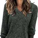 Womens Tops Fall Fashion Sweatshirts for Women V Neck Long Sleeve Sweaters Lightweight Dressy Casual Pullover Green and Grey XXL