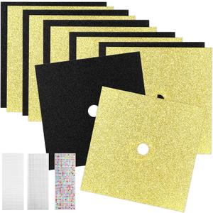 Graduation Cap Decorations Kit - 12 Sheets 9"x9" Black & Gold Glitter Cardstock Paper with 3 Sheets Self-Adhesive Rhinestones Pearls Stickers for Graduation Toppers DIY Crafts, Grad Cap Decor