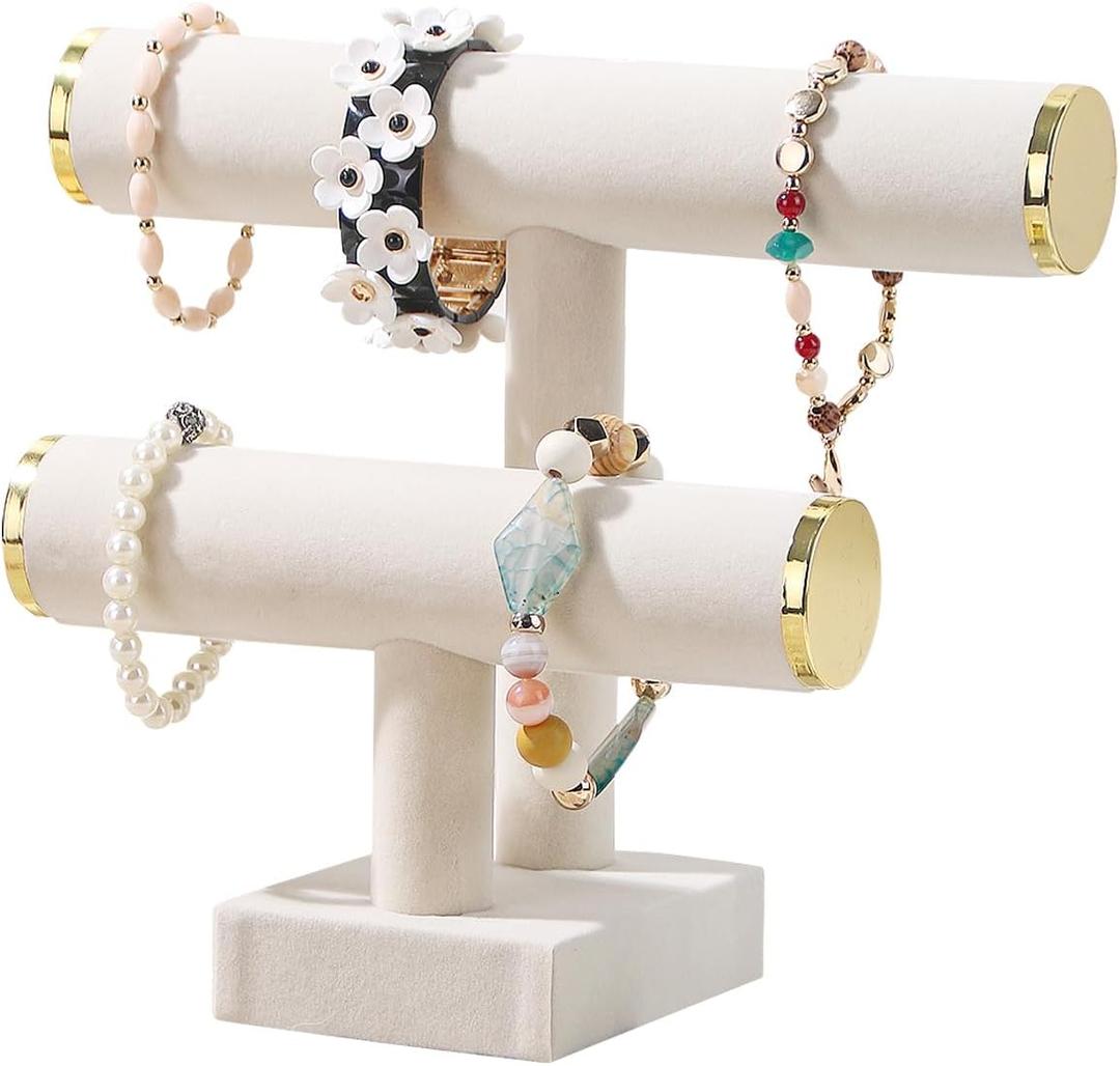 Bracelet Holder,Bracelet Display Stand with Metal Cap,Velvet Jewelry Organizer Displays for Necklace Scrunchies Watches Hair Ties. (Beige, 2 tier)