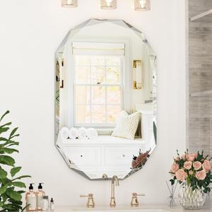 Suidia Bathroom Mirror, 24"x 36" Wall Mirror, Frameless Bathroom Mirror with Beveled Edge for Bedroom, Living Room, Entryway, Hallway, Oval Shape (Nature)