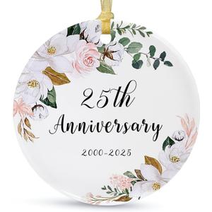 SIABERTERL 25th Anniversary Ornament 2025,25th Anniversary for Couple Parents,25 Years Anniversary Ceramic Ornament for Home Weddings with Ribbon and Love Color Gift Box