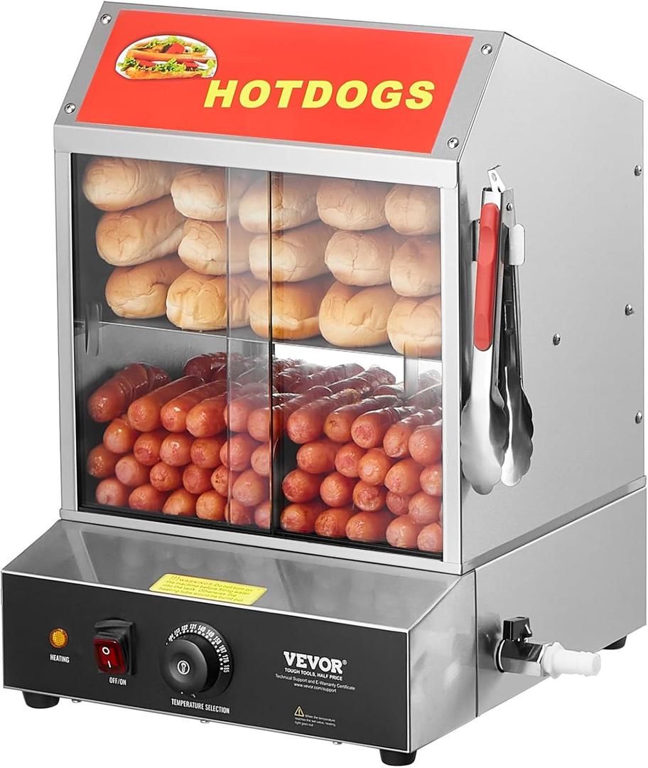 VEVOR Hot Dog Steamer, 28.5QT, 2-Tier Hot Dog Hut Steamer, 86~185 Temperature Control, Electric Bun Warmer with Tempered Glass Slide Doors Partition Plate Tong, Stainless Steel, for Hot Dogs & Buns