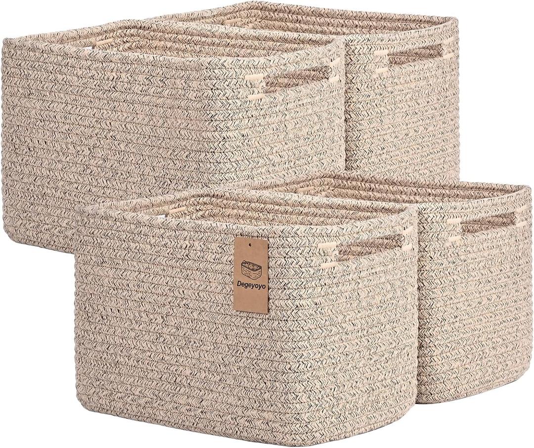 Storage Baskets for Organizing, 4 Pack Baskets for Shelves, Decorative Storage Bins for Shelves, Cotton Rope Storage Basket with Handles, Woven Basket for Storage, 13''Lx8.7''Wx7.9''H, Brown