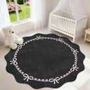 GarveeHome Scalloped Bow Rug for Living Room, 5ft Round Rugs Washable Solid Rug for Dorm Soft Low Pile Non Slip Scalloped Rugs for Nursery Bedroom Decor Hallway Kids Room Playroom, Black Pink