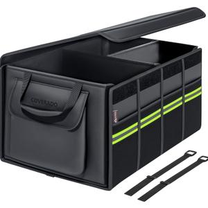 Coverado Car Trunk Organizer - 70L Nappa Leather Trunk Organizer for SUV with Lid, Multi Collapsible Car Storage Organizer Foldable, Multi Compartments with 2 Straps for SUV/Truck