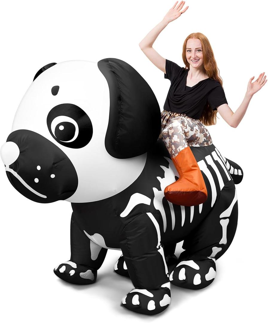 Halloween Skeleton Dog Costume for Adults Inflatable Ride On Dog Costume Blow Up Dog Cosplay Costume for Men Women