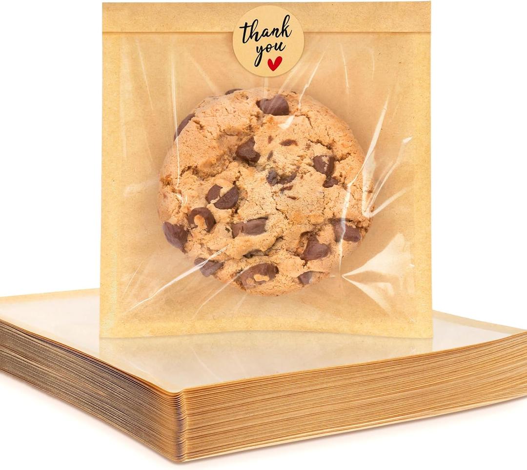 200 Pack Cookie Packaging Bags with Seal, 5.7x6.5 Inch Paper Bakery Bags with Window, Heat Sealable & Grease Resistant To Go Bake Sale Sleeves for Treat, Donut, Cake Slice, Scone, Brownie