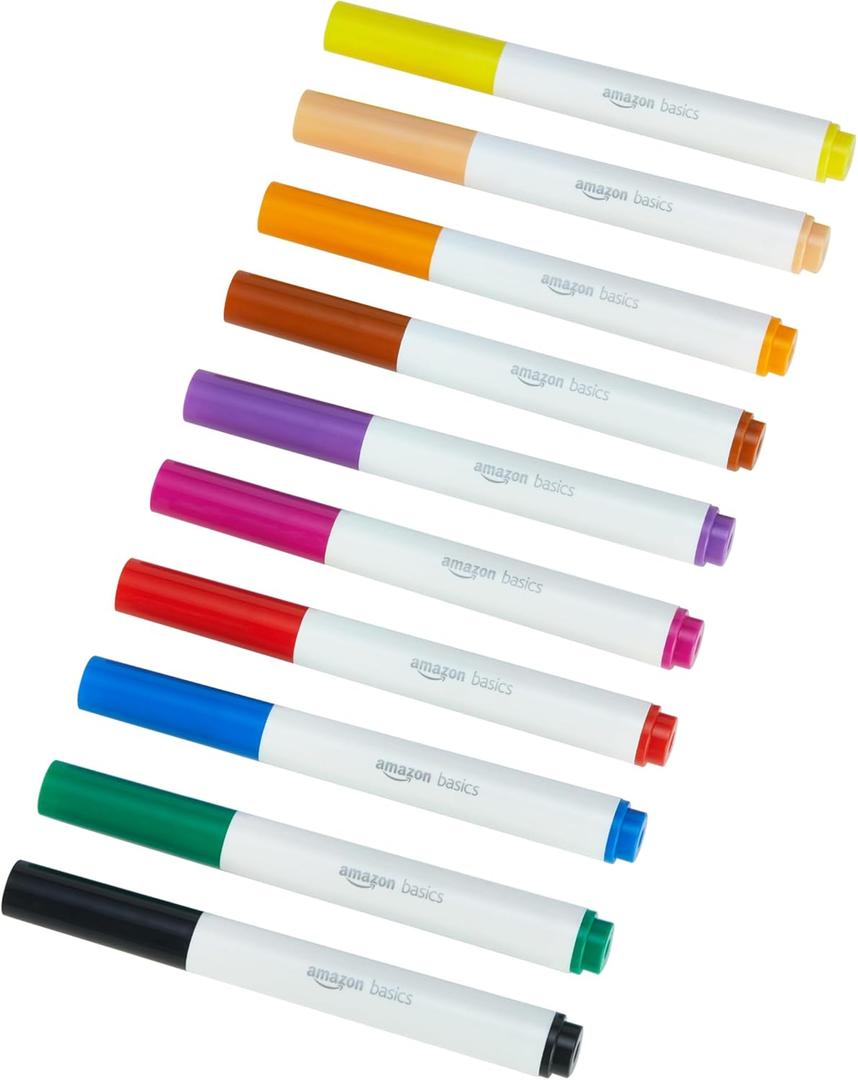 Amazon Basics Colored Washable Markers for Coloring and Drawing, Broad Line, Multicolored, 10-Pack