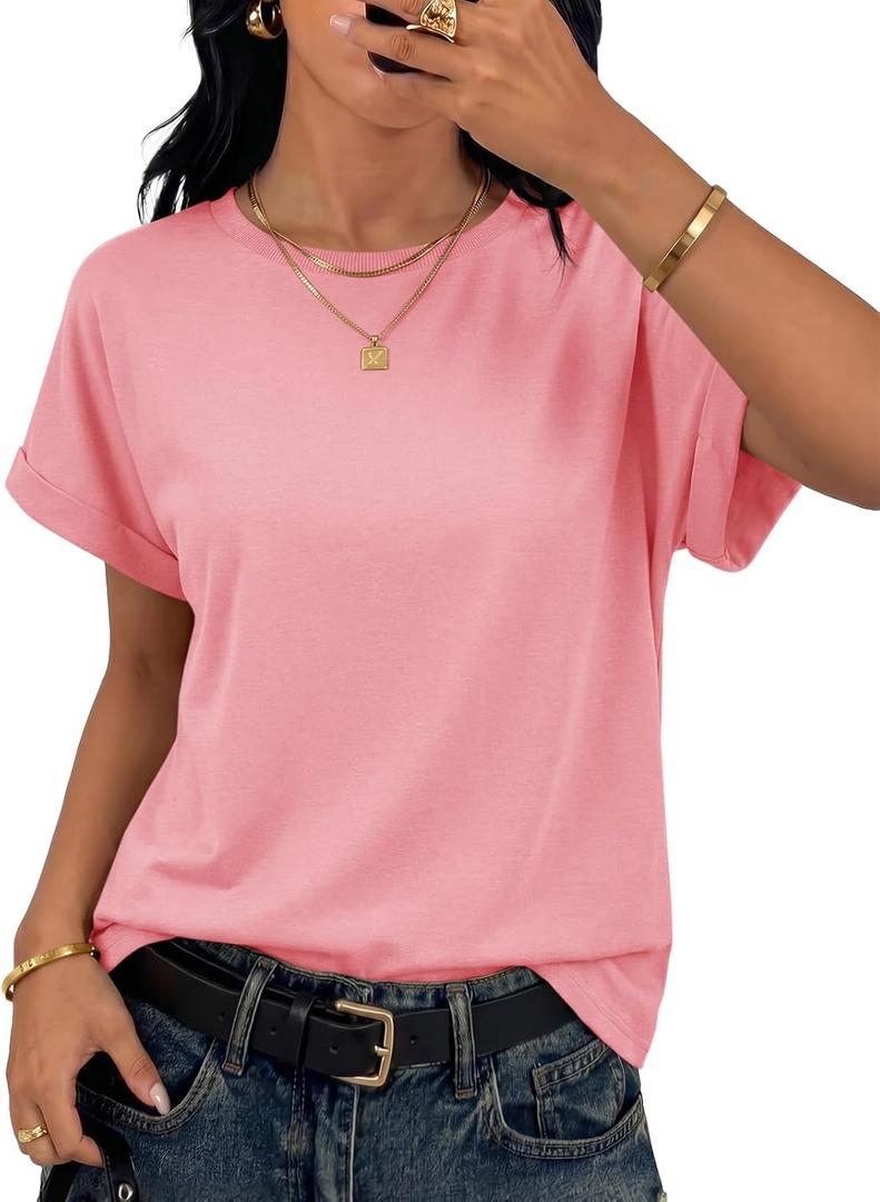 Tankaneo Womens Oversized T-Shirts Summer Casual Short Sleeve Basic Tees | Summer, Short Sleeve, Casual Loose Fit, Boxy Basic Tees (Pink, S)