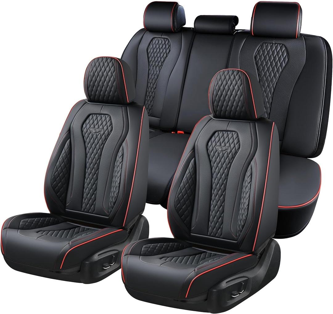 Coverado Car Seat Covers Full Set, Black Seat Covers, Waterproof Car Seat Cover, Car Seat Cushion, Car Seat Covers Front Seats Back Seat Covers, Car Seat Protector Universal Fit Most Cars Red Line