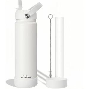 Mininoo Insulated Stainless Steel Water Bottle with Straw, Ceramic-Lined, BPA-Free & Leak-Proof, 24 oz, White