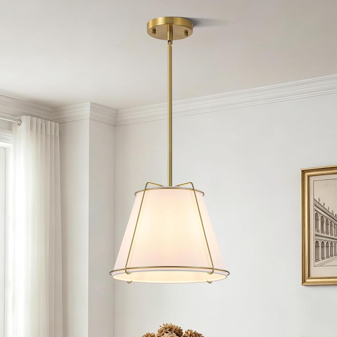 Modern Drum Pendant Light, 12.6" White Fabric Shade,