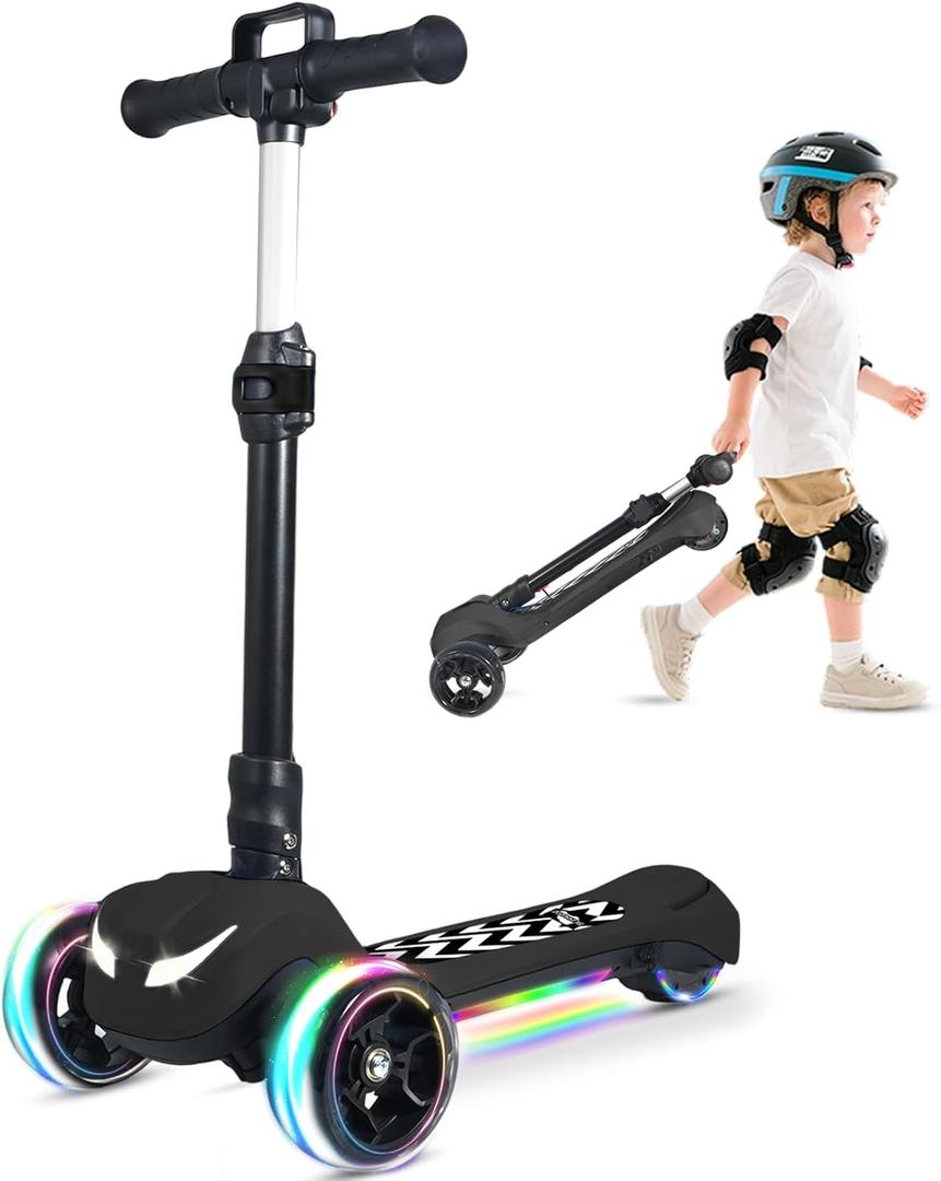 Electric Scooter for Kids Ages 3-12, Full Body Lights Up, Wide Deck, 3 Adjustable Heights, 5MPH Safe Speed, 90min Riding, Foldable 3 Wheel Electric Scooter for Kids Boys Girls Toddler (Black + Pull Handle)