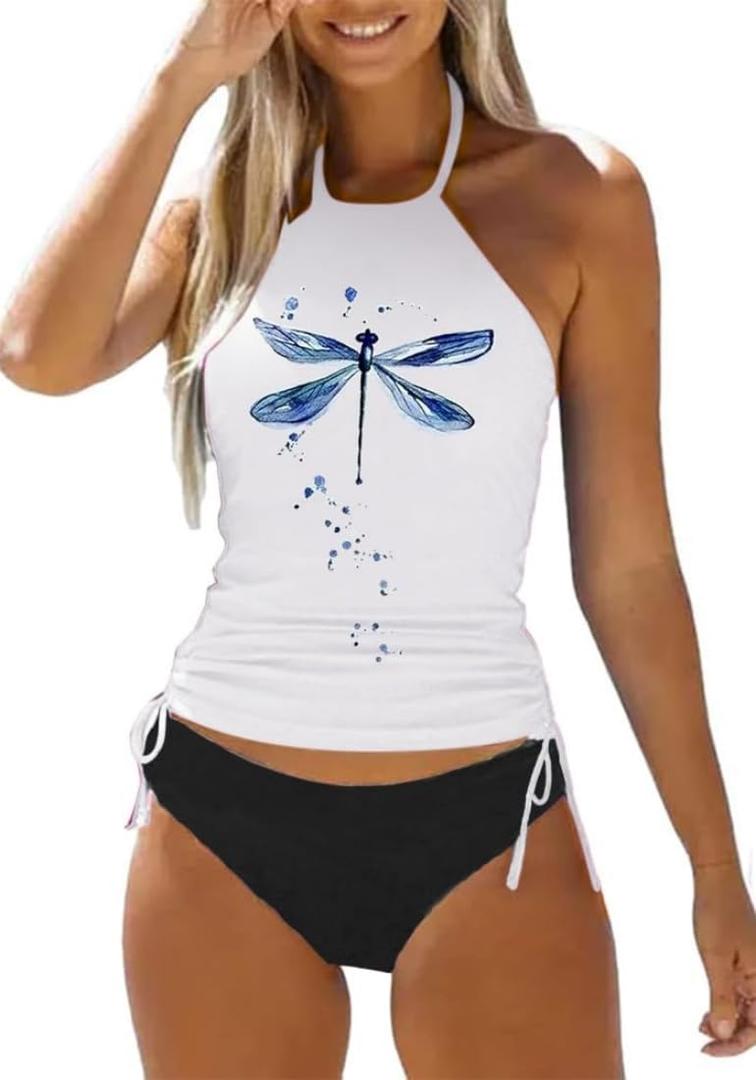 Women's Funny Graphic Drawstring Halter Two Piece Tankini Set Summer Swimwear Beach Vacation Swimsuits (White, S)