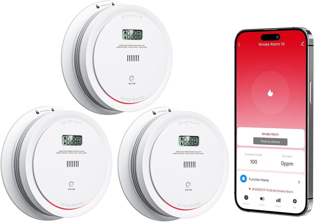 3 Packs Wi-Fi Smoke Detector Carbon Monoxide Detector Combo with App Notifications, Smart Smoke and Carbon Monoxide Detector with LCD Display & Replaceable Battery, Compatible with Tuya Smart
