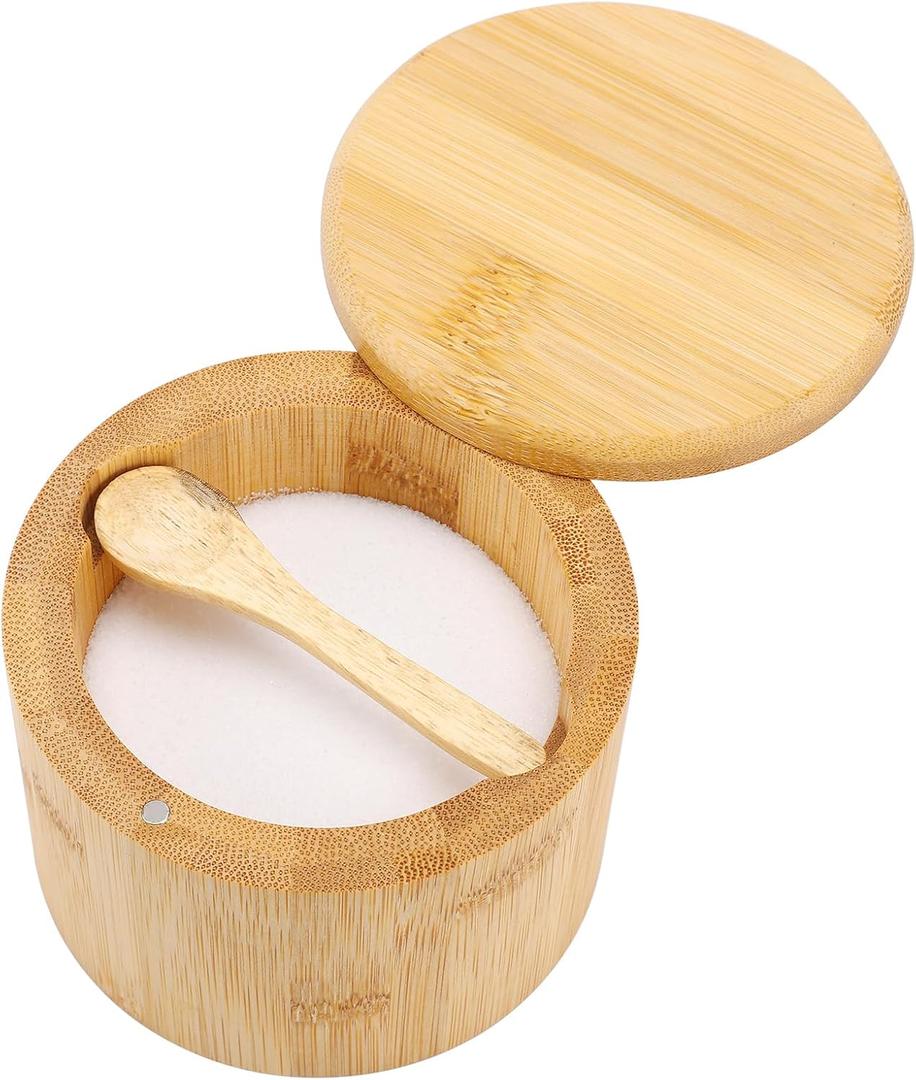 Natural bamboo Salt and Pepper Bowl, Bamboo Salt Cellar and Spices Storage Box With Built-in Spoon and Magnetic Swivel Lid (Single Compartment)