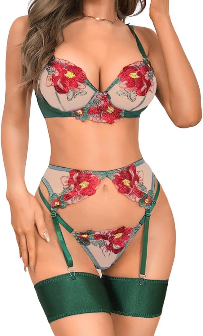 Kaei&Shi Floral Embroidered, Underwire, G-String, Garter Belt, 4 Pieces Lingerie, Size XS