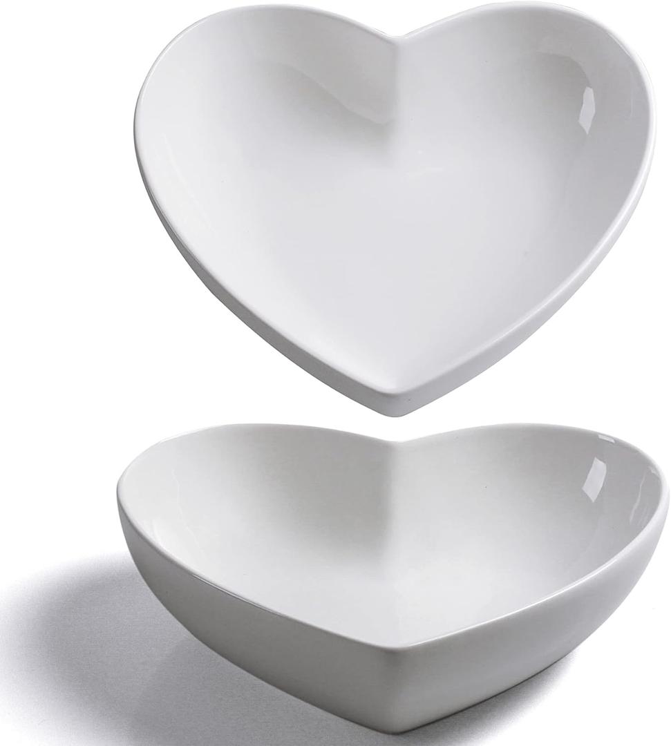 2 pcs Porcelain Big Heart-shaped Bowls White Deep Heart Plates Salad Bowl/Fruit Bowl for Desserts/Pasta/Dinner, 8 inch
