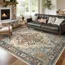 8x10 Machine Washable Area Rug for Living Room, Blue Beige Boho Vintage Floral Rug Large Non-Slip Low Pile Soft Faux Wool Carpet, Kids and Pets Friendly for Bedroom Dining Room Farmhouse Decor Rug